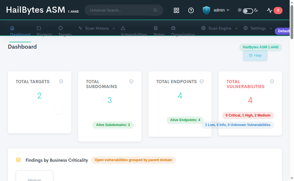 HailBytes ASM dashboard showing scan results and attack surface findings