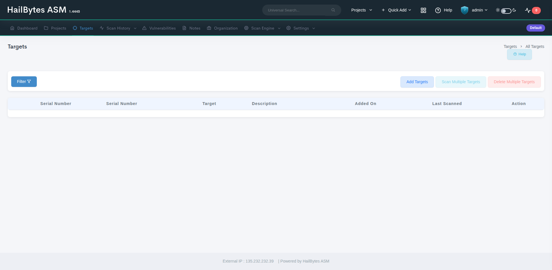HailBytes ASM Target Listing showing every subdomain, IP, and technology stack discovered
