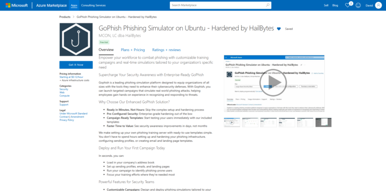 Azure Marketplace GoPhish Listing