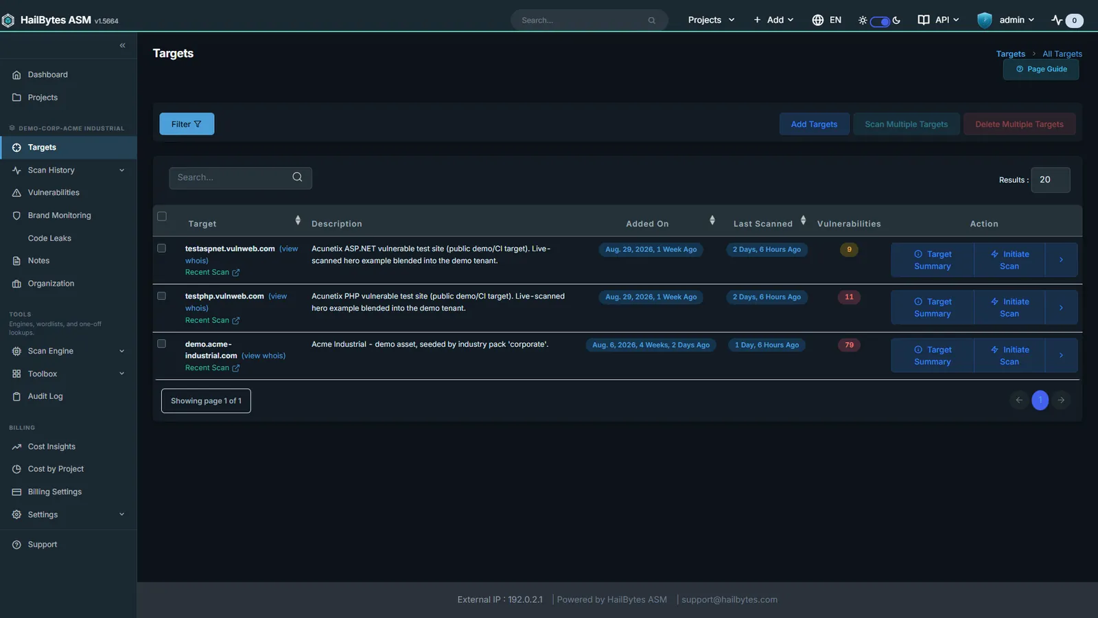 HailBytes ASM Target Listing showing every subdomain, IP, and technology stack discovered