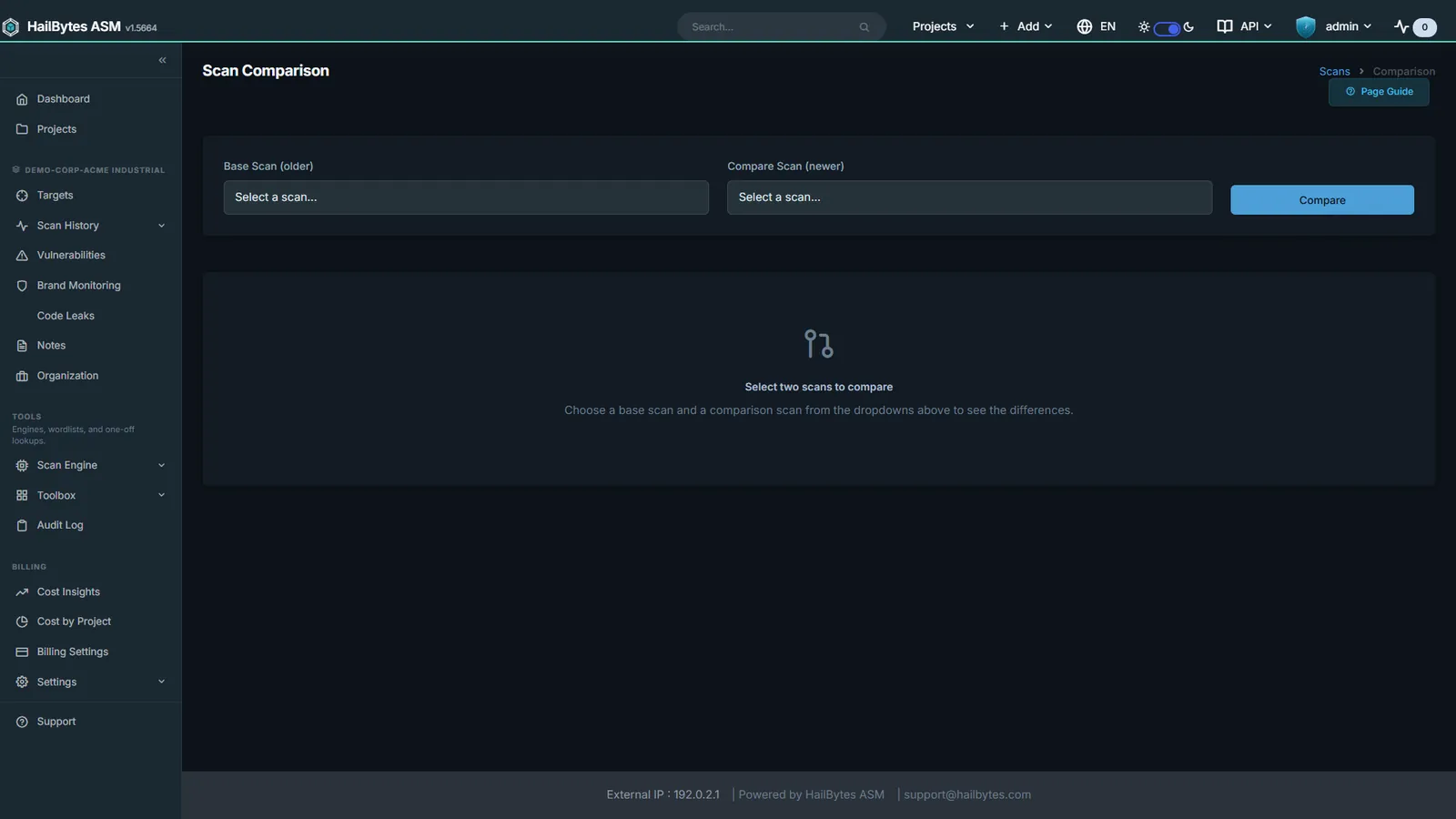 HailBytes ASM Scan Comparison: Diff two runs: assets added, removed, and changed since the last scan.