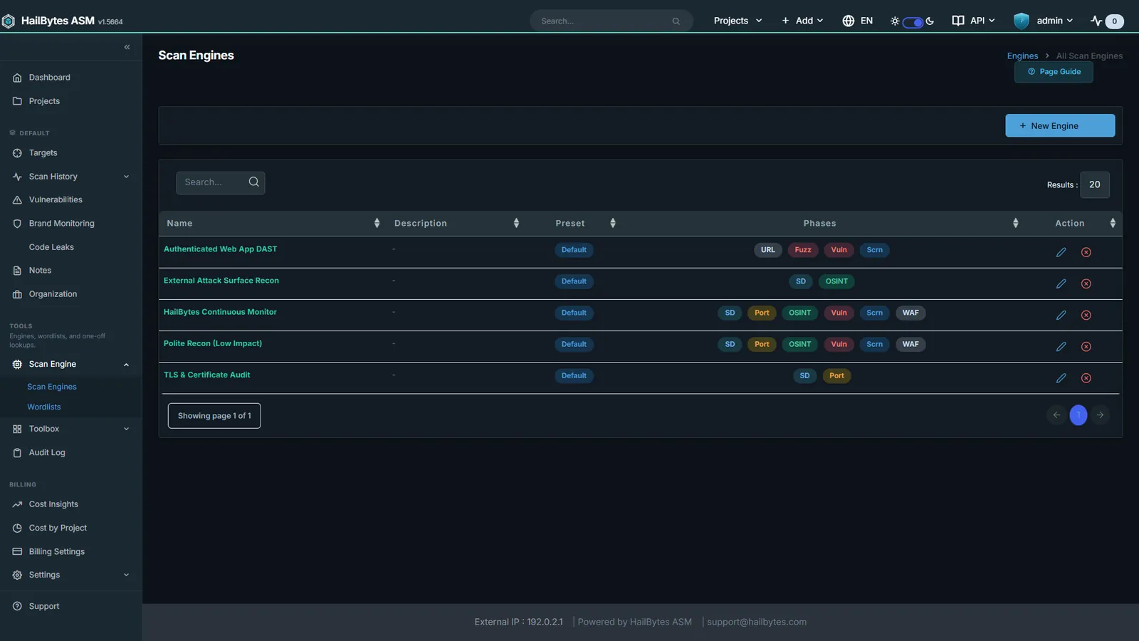 HailBytes ASM Scan Engine Listings page with pre-built and custom scan profiles