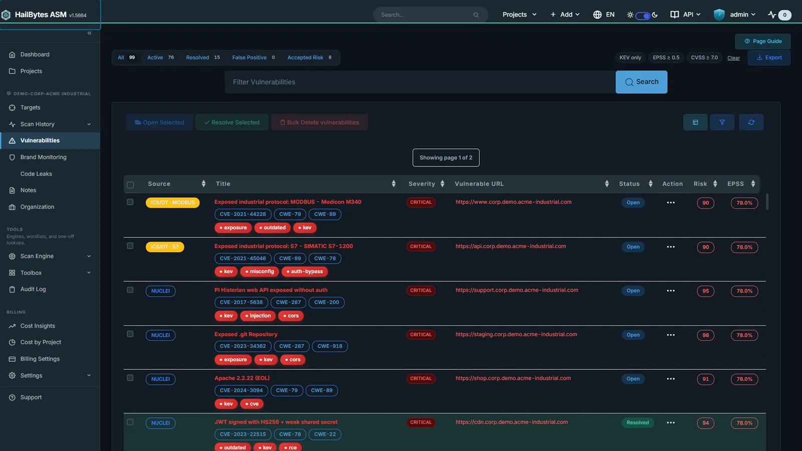 HailBytes ASM Vulnerability List with severity ratings, affected hosts, and remediation guidance