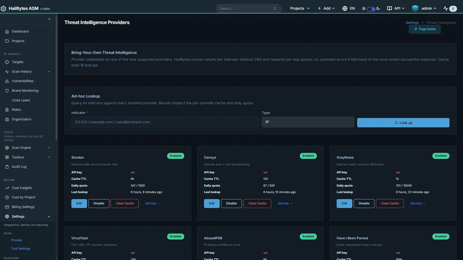 HailBytes ASM Threat Intel Providers: Bring your own Shodan, Censys, VirusTotal, GreyNoise, MISP, and OpenCTI keys.