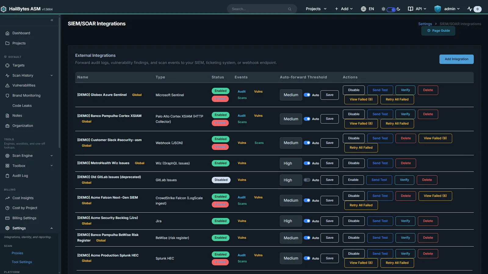 HailBytes ASM SIEM and ticketing integrations page listing Splunk HEC, Microsoft Sentinel, syslog CEF, webhook, Jira, ServiceNow, GitHub and GitLab destinations with per-integration severity thresholds