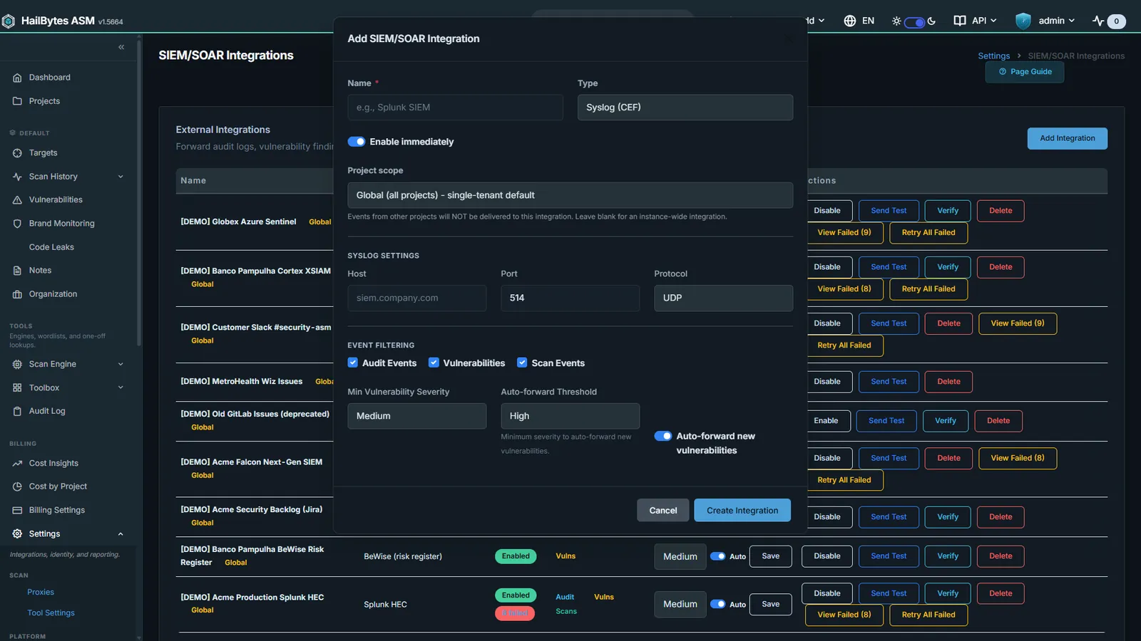 HailBytes ASM Add SIEM Integration: Destination picker, severity floor, and category toggles in one form.