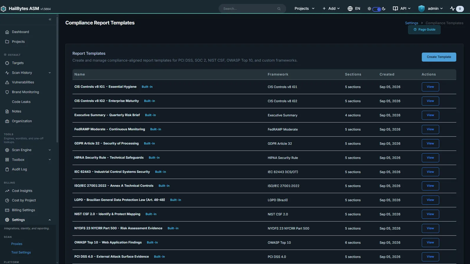 HailBytes ASM Compliance Templates: PCI DSS, NIST CSF, ISO 27001, HIPAA, and SOC 2 control mappings.