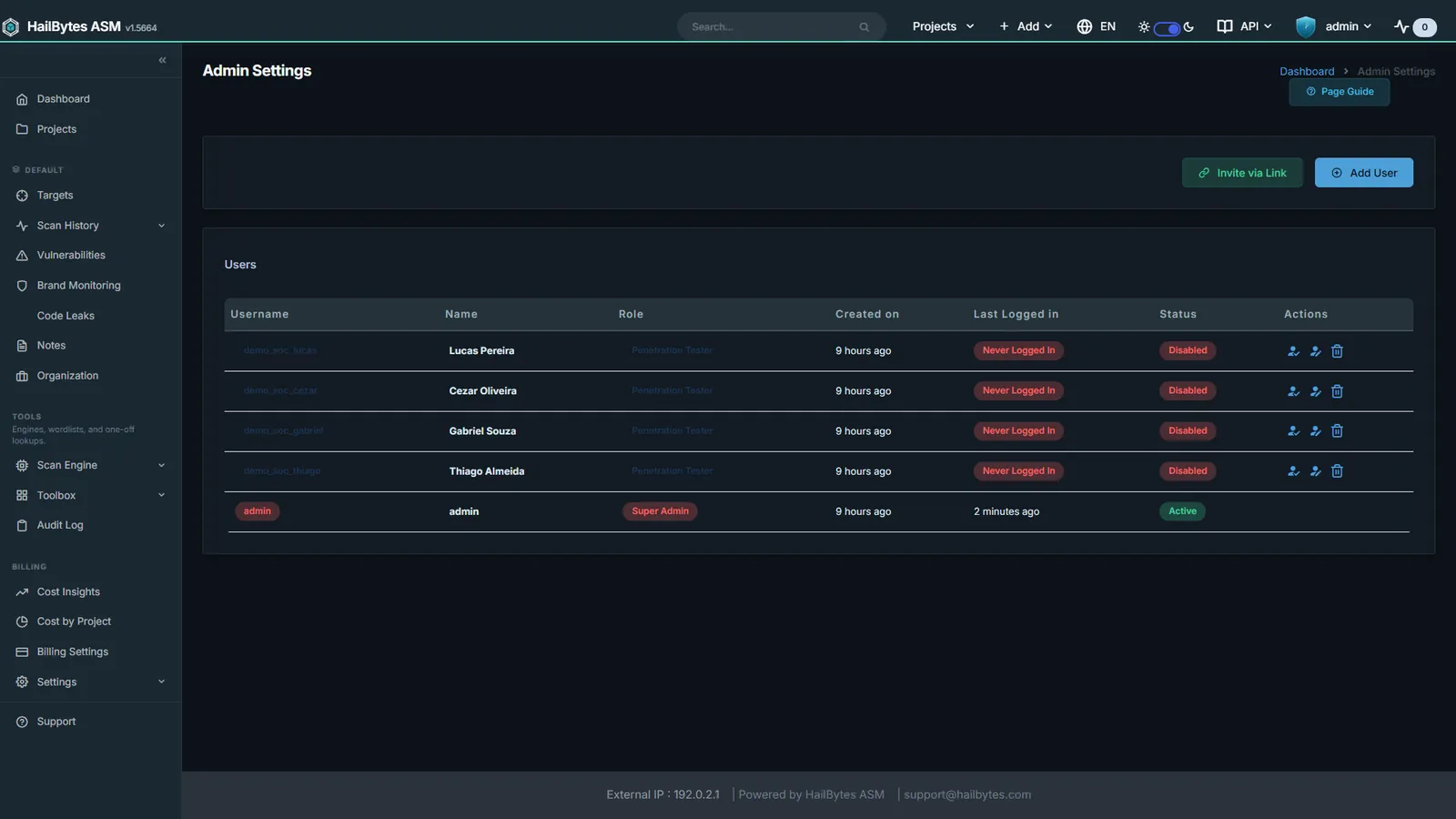 HailBytes ASM Users and Roles: Role-based access control with per-project scoping and invitations.