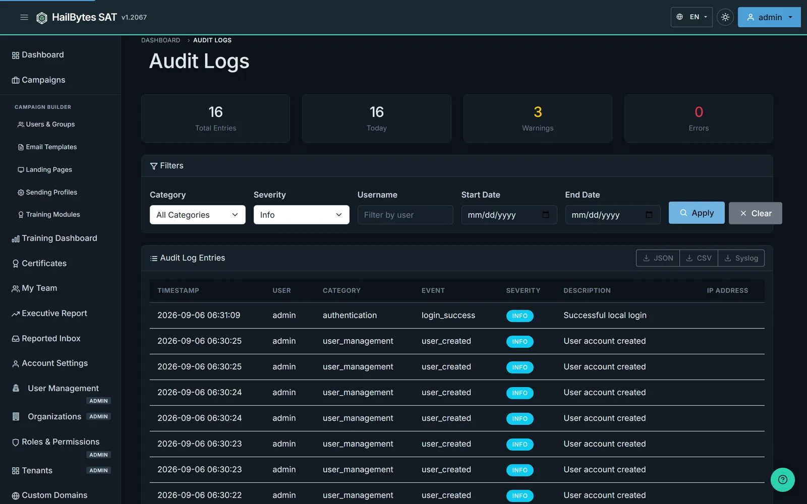 HailBytes SAT Audit Logs page with entry counts, filters, and JSON/CSV export buttons