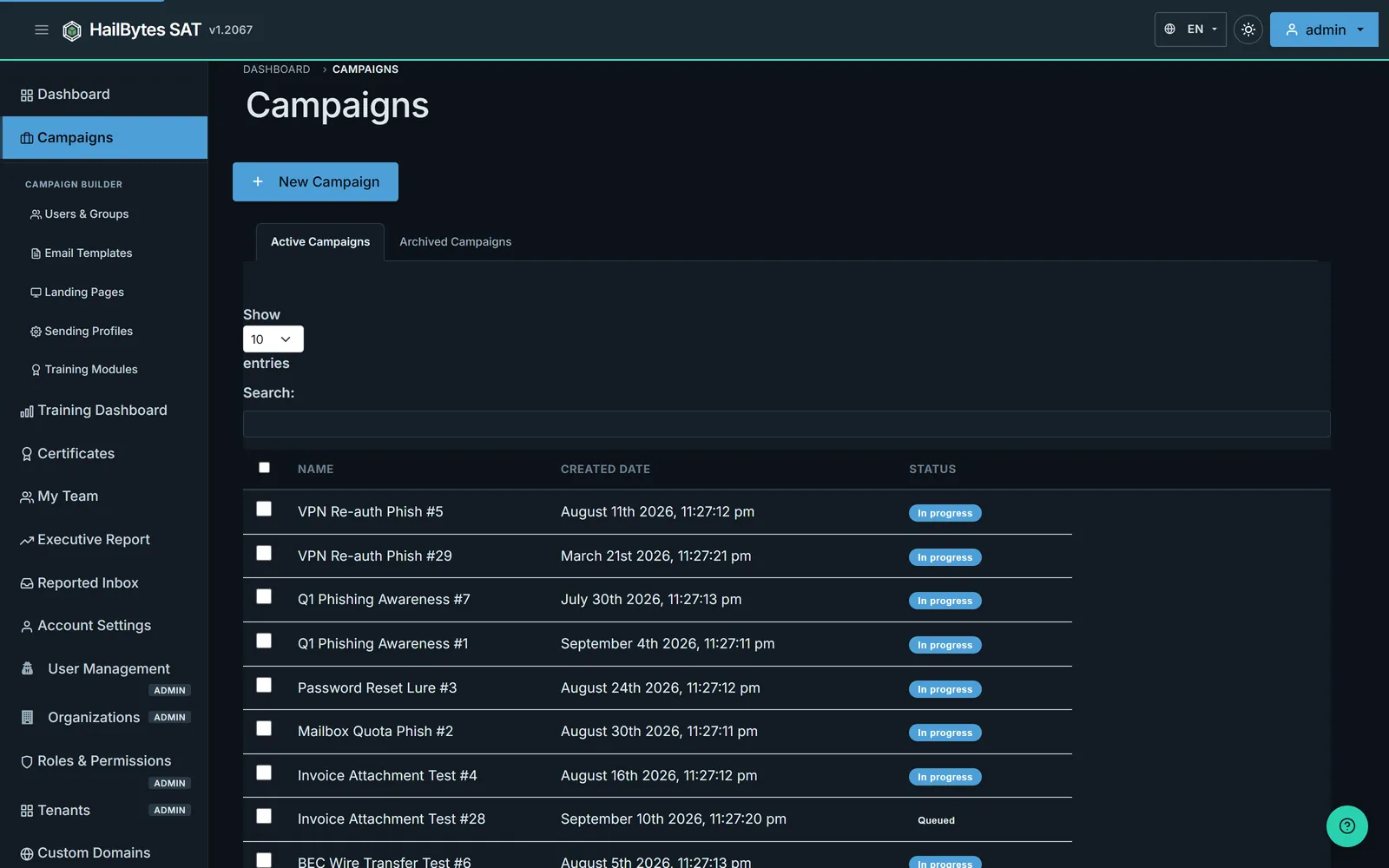 HailBytes SAT Campaigns page with active campaign list and results