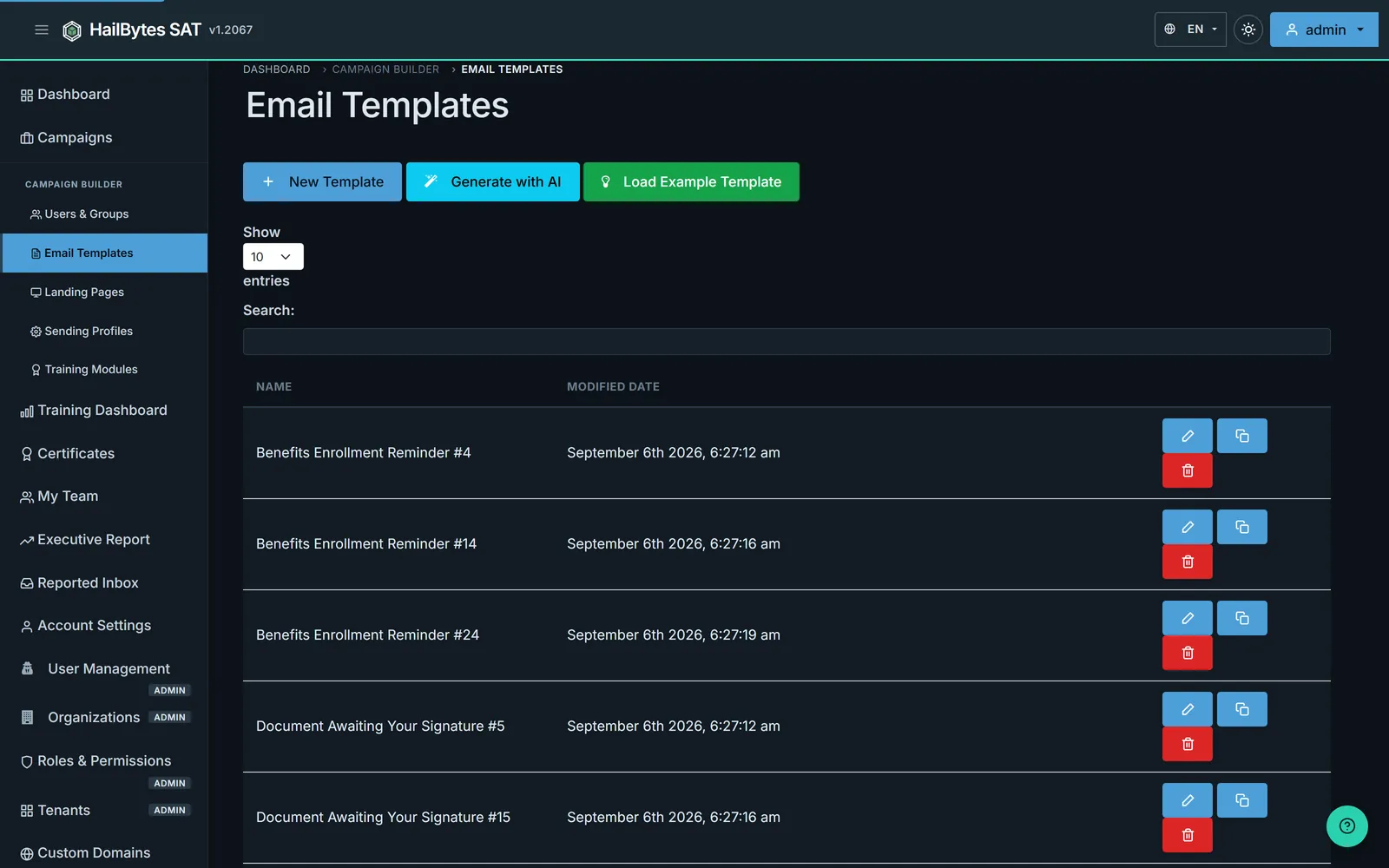 HailBytes SAT Email Templates library with reusable phishing simulation templates
