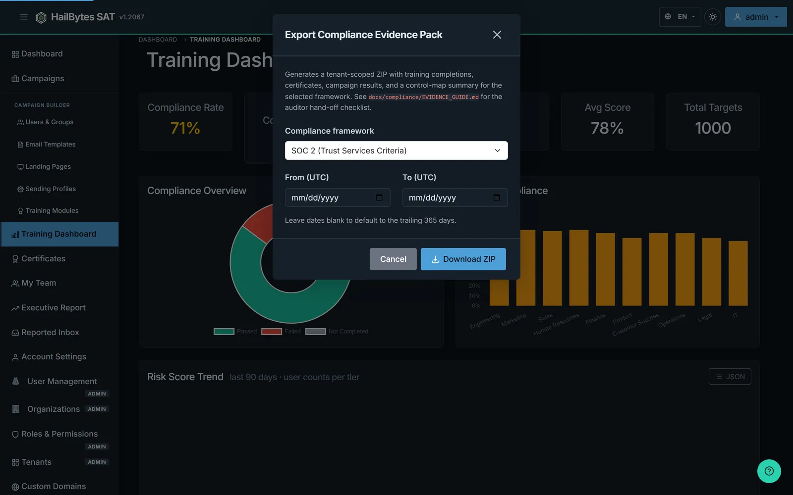 HailBytes SAT compliance evidence pack export dialog with a framework selector set to SOC 2, from and to date fields, and a Download ZIP action