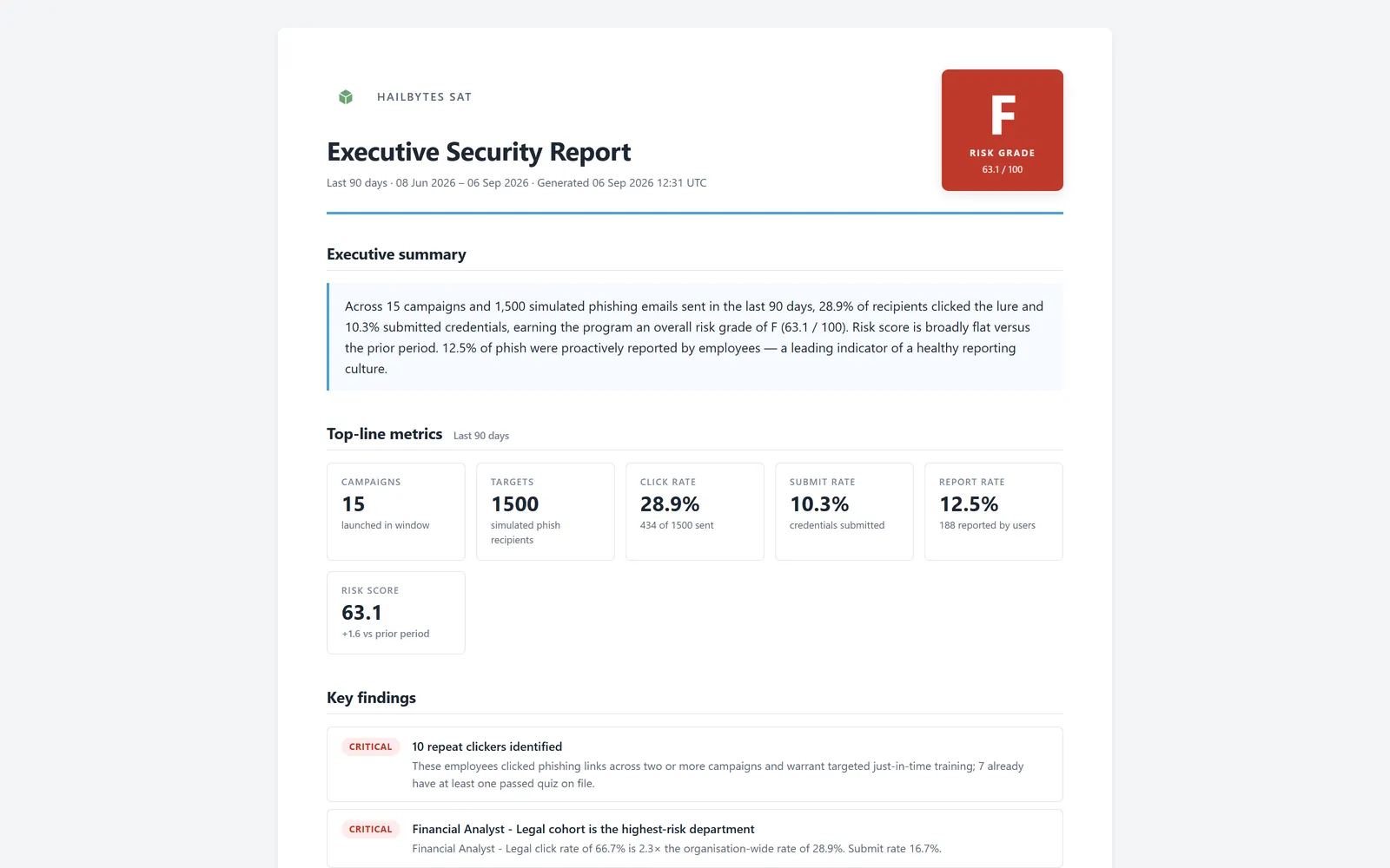 HailBytes SAT executive security report with a risk grade, an executive summary paragraph, top-line metric tiles for campaigns, targets, click rate, submit rate and report rate, and ranked key findings