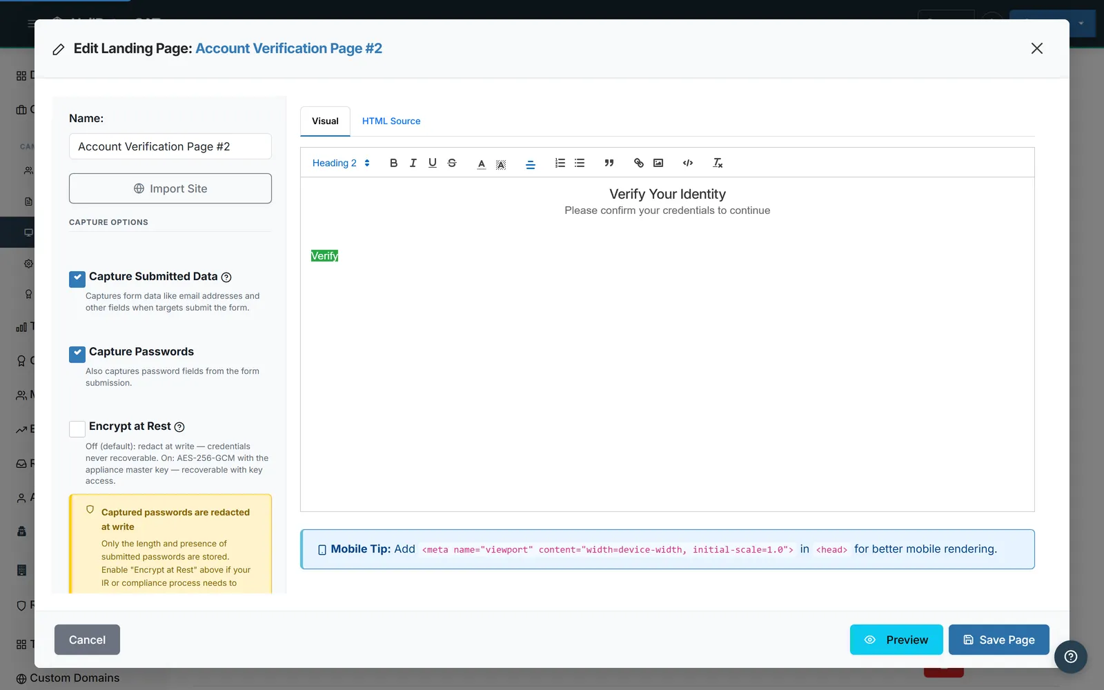 HailBytes SAT landing page editor with visual and HTML source views and Capture Submitted Data, Capture Passwords and Encrypt at Rest options