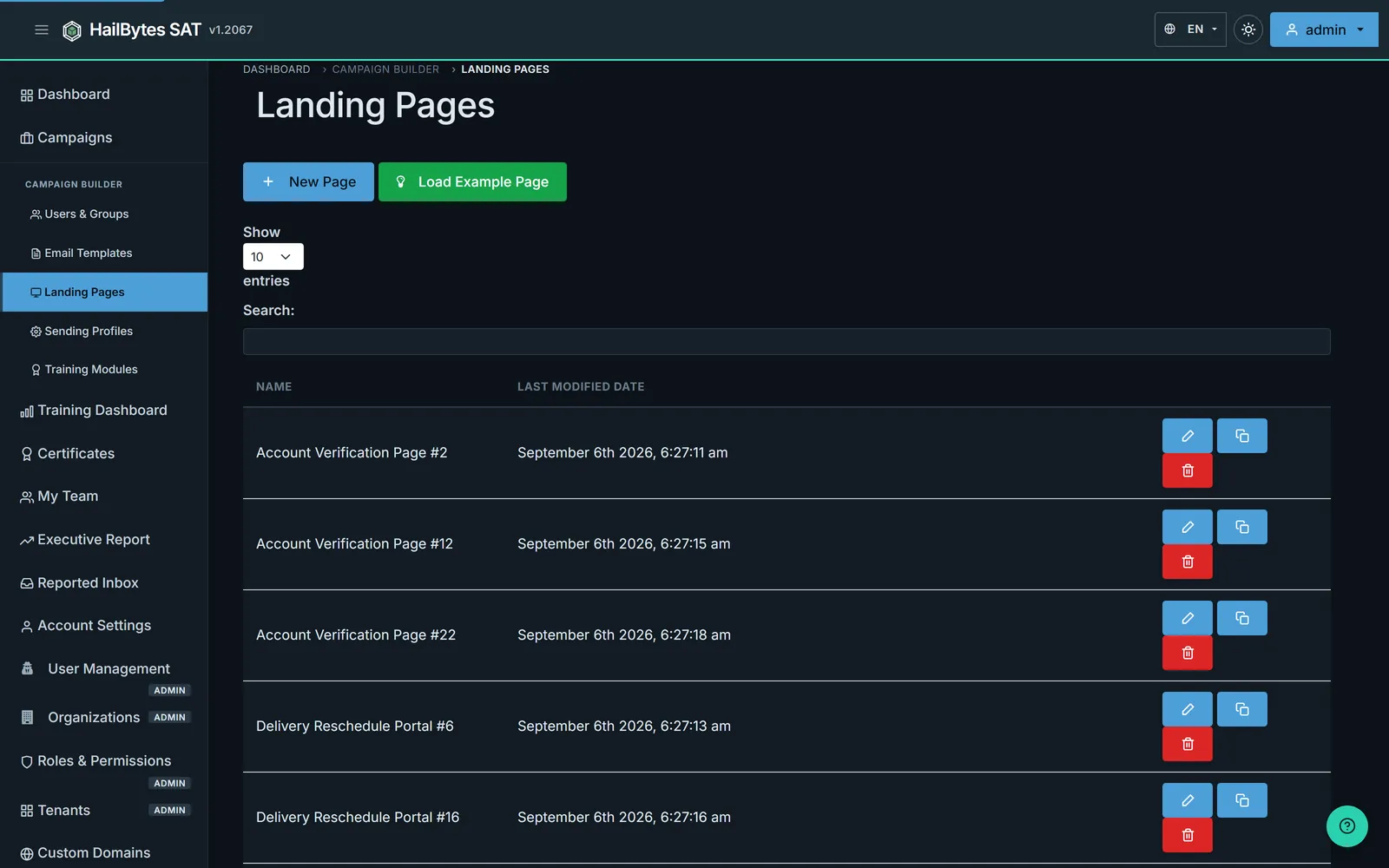 HailBytes SAT Landing Pages list of credential-capture portals ready for reuse across simulations