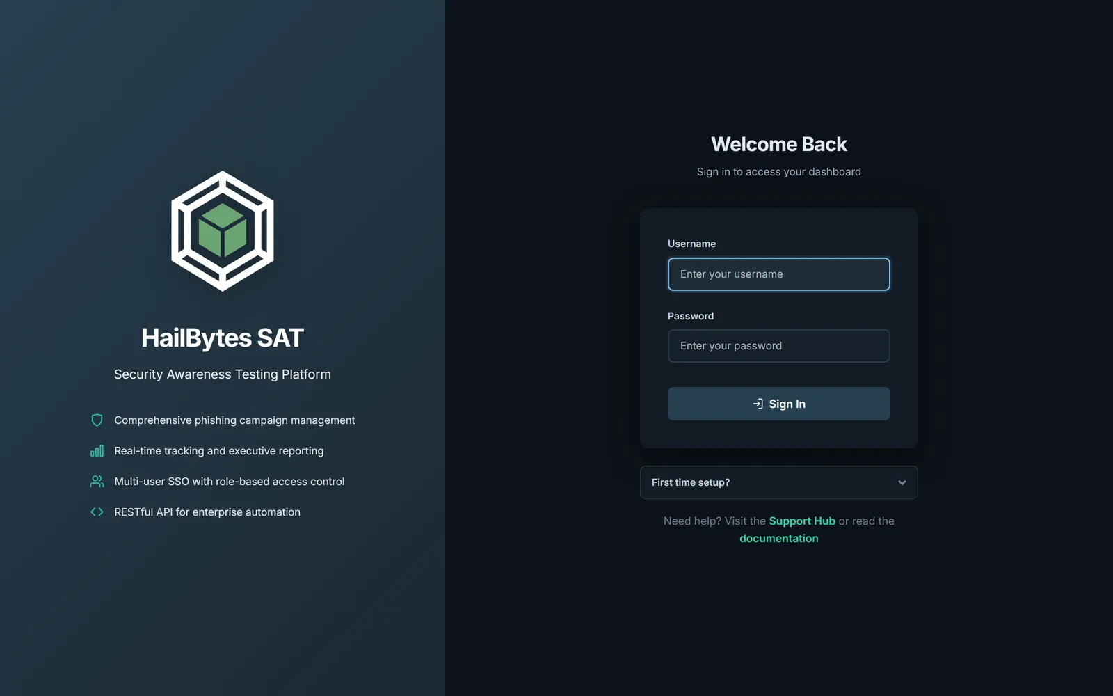 HailBytes SAT login page with username, password, and first-time setup options
