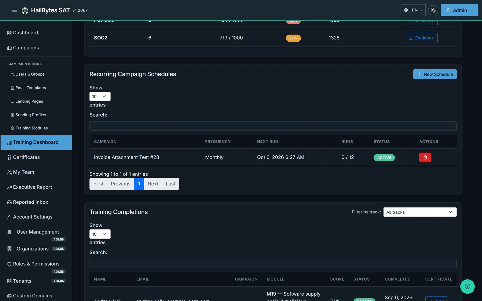 HailBytes SAT recurring campaign schedules table with a New Schedule action