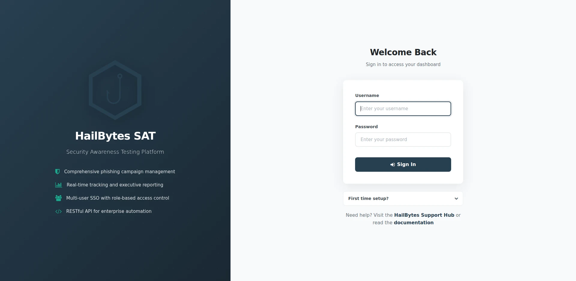 HailBytes SAT login page with username, password, and first-time setup options