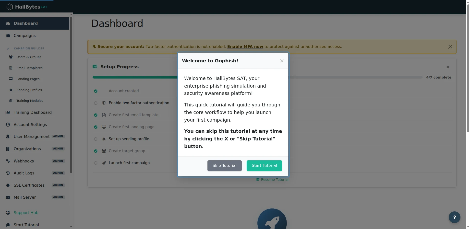 HailBytes SAT dashboard showing setup progress checklist