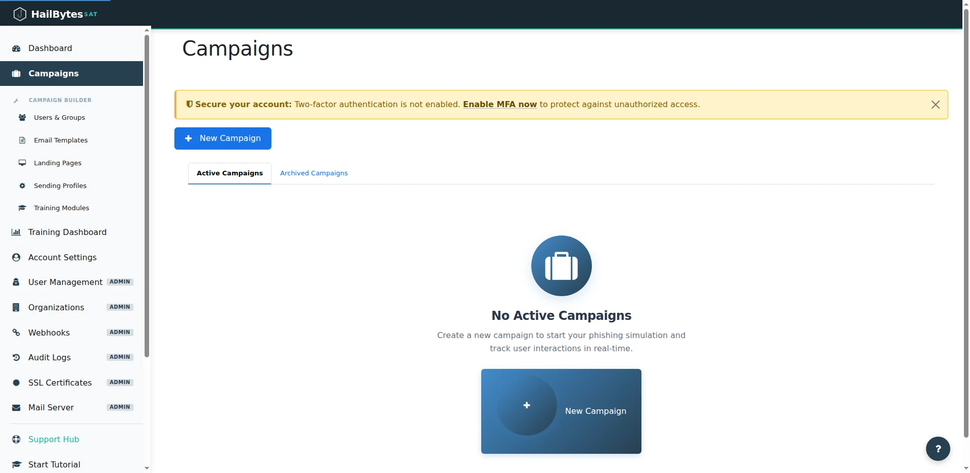 HailBytes SAT Campaigns page with Active and Archived tabs
