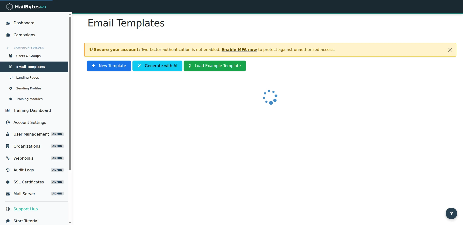 HailBytes SAT Email Templates page with New Template, Generate with AI, and Load Example Template buttons