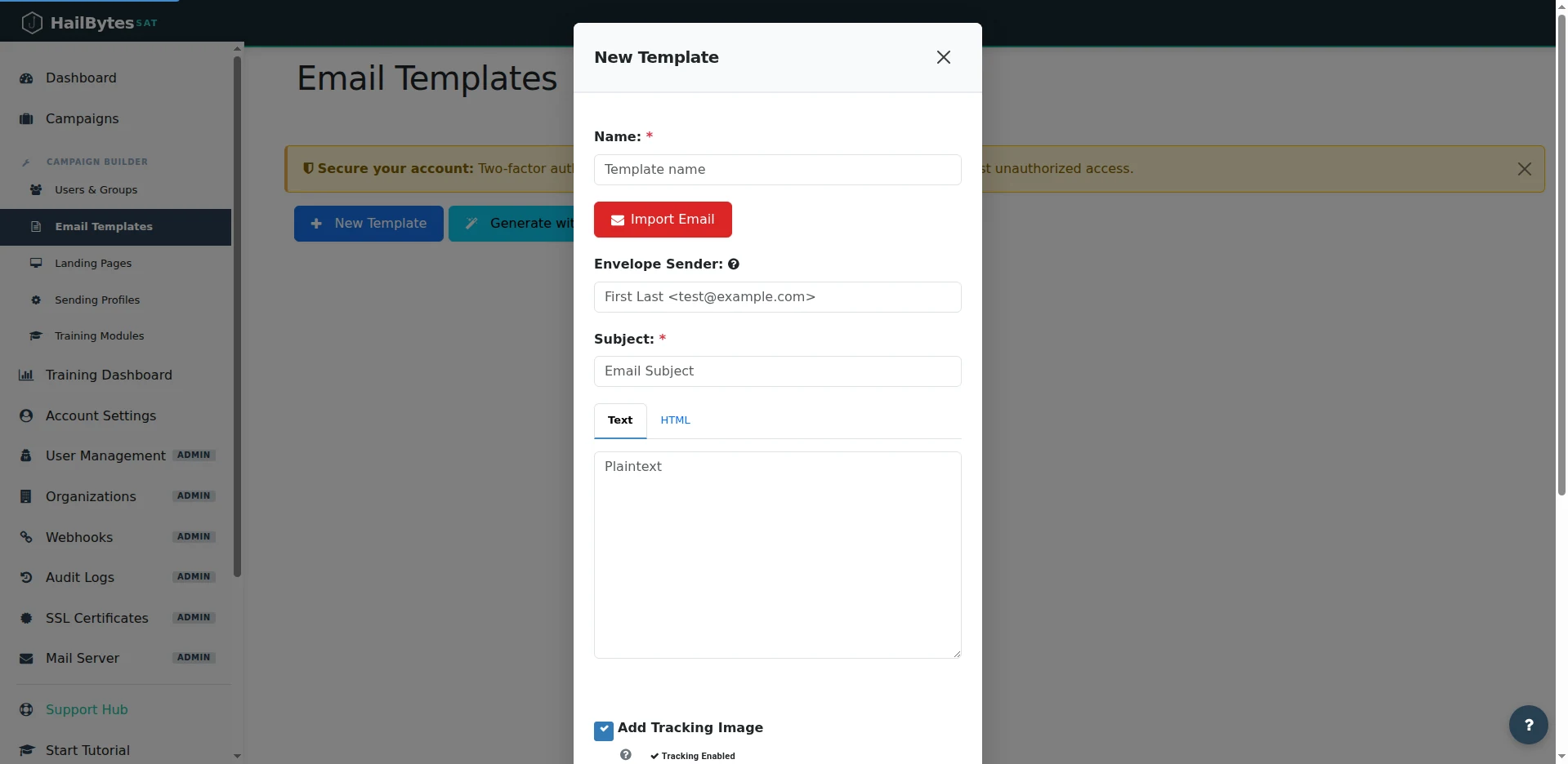 HailBytes SAT New Template modal showing name, envelope sender, subject, and HTML/Text editor tabs