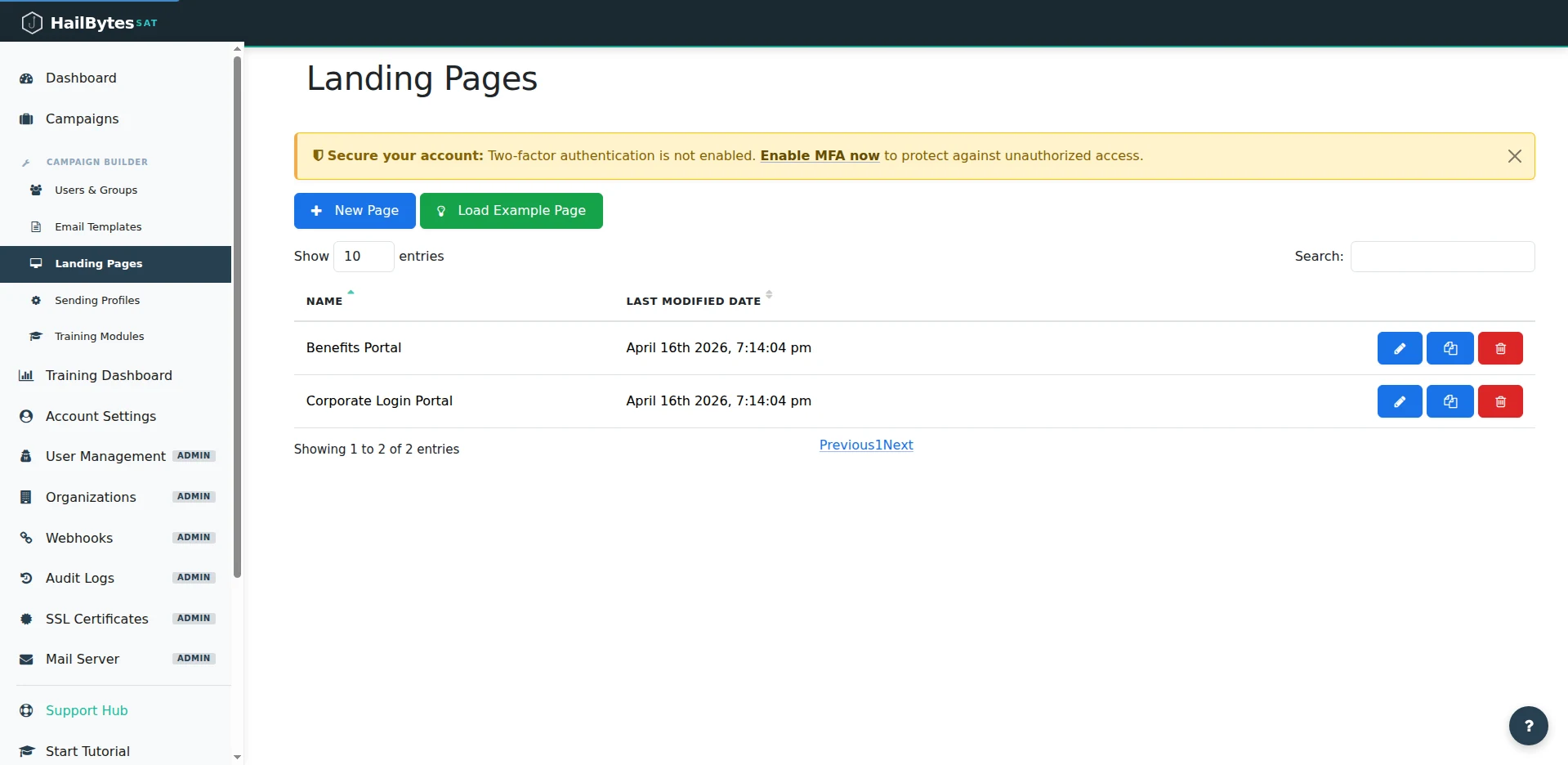 HailBytes SAT Landing Pages list showing Benefits Portal and Corporate Login Portal