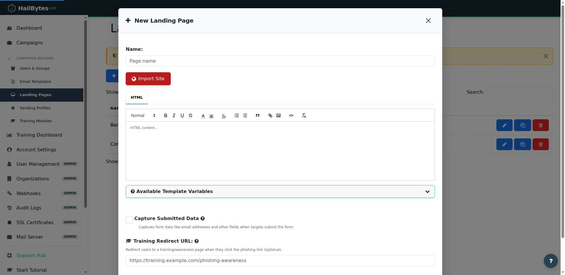 HailBytes SAT New Landing Page editor with HTML editor, Capture Submitted Data toggle, and Training Redirect URL field
