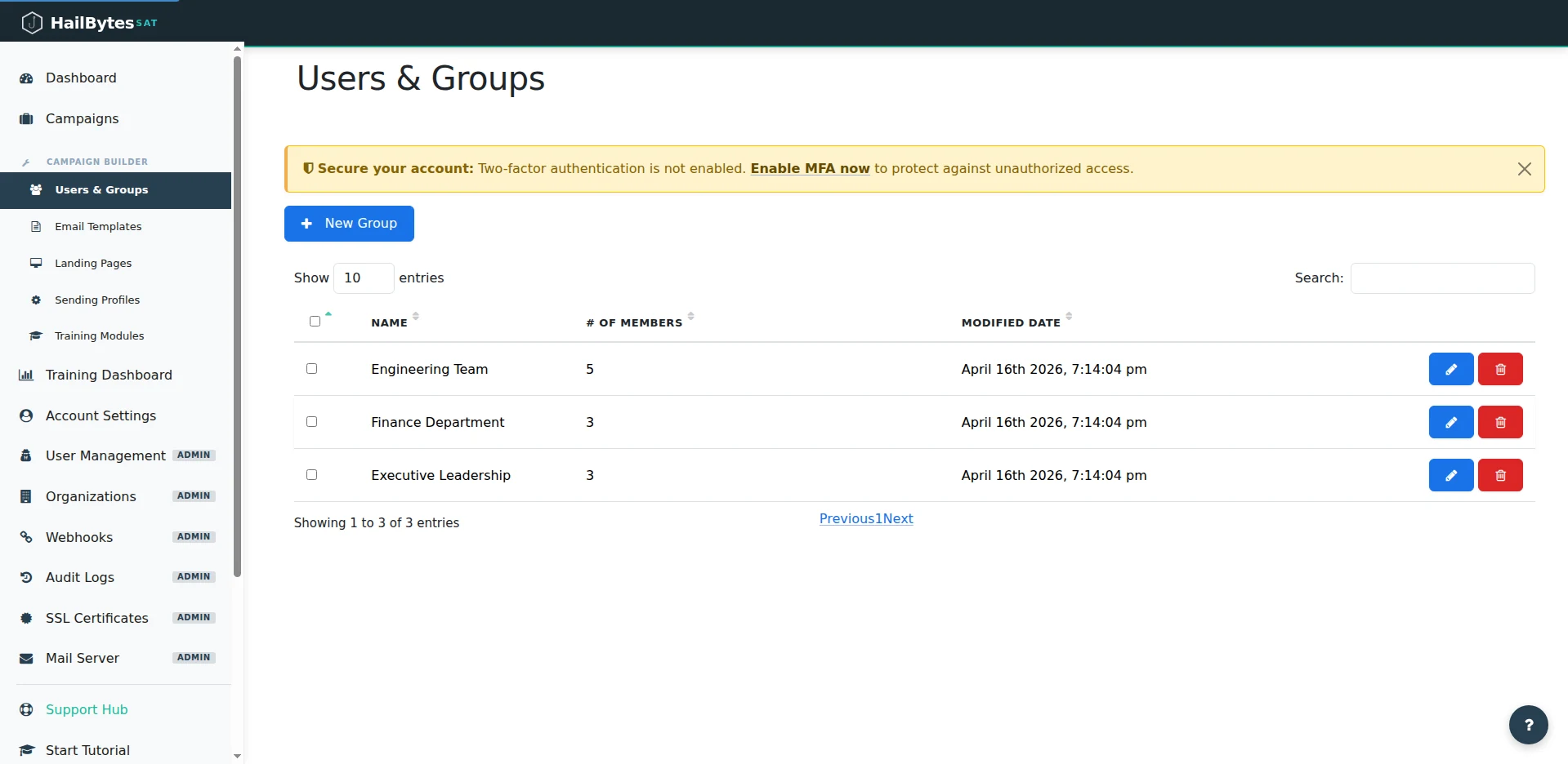 HailBytes SAT Users and Groups page showing Engineering Team, Finance Department, and Executive Leadership groups