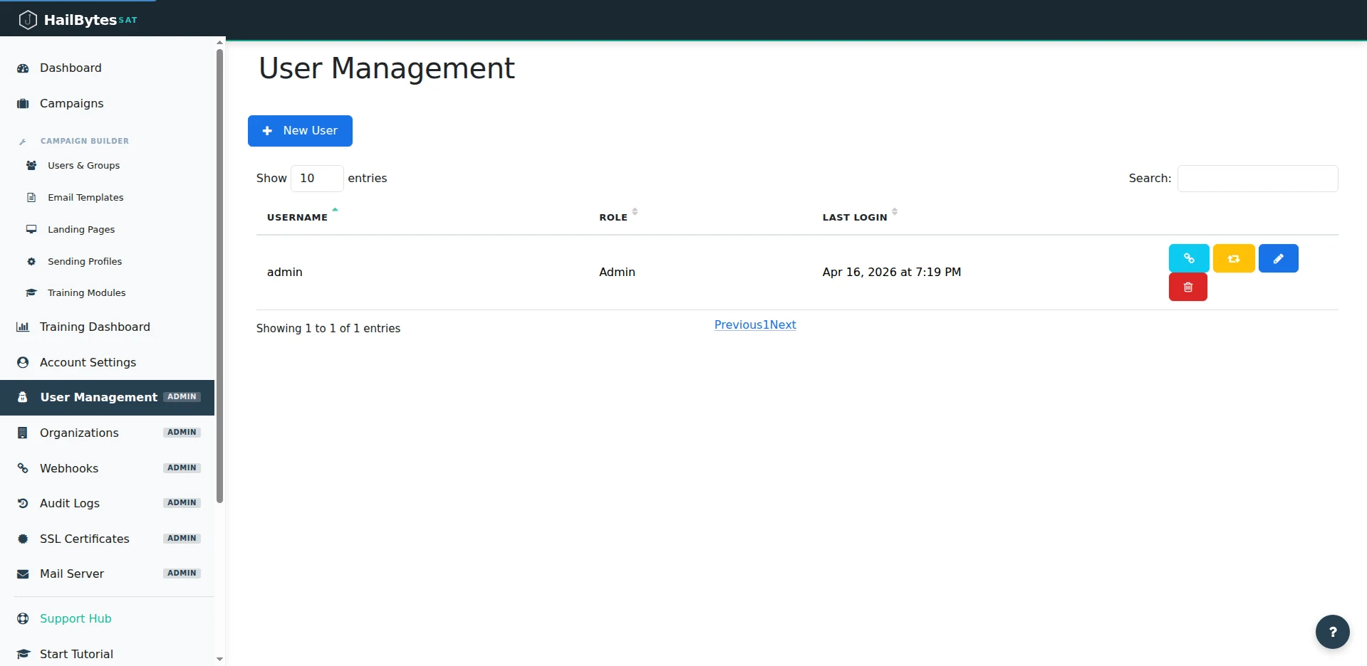 HailBytes SAT User Management page listing admin user with role and last login timestamp