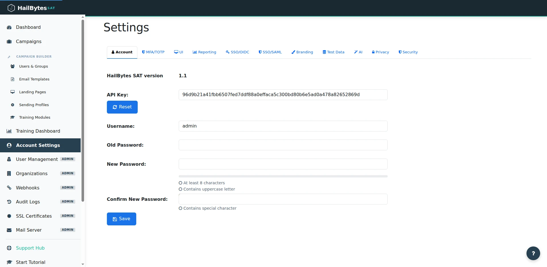 HailBytes SAT Settings page with Account, MFA/TOTP, UI, Reporting, SSO/OIDC, SSO/SAML, Branding, Test Data, AI, Privacy, and Security tabs