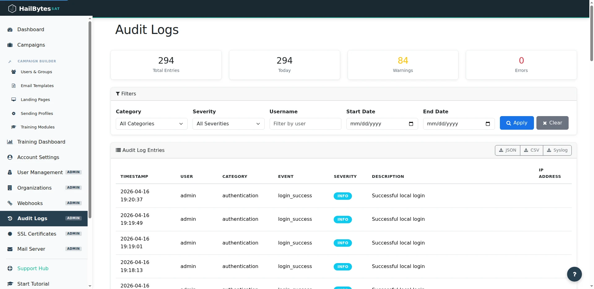 HailBytes SAT Audit Logs page with entry counts, filters, and JSON/CSV/Syslog export buttons