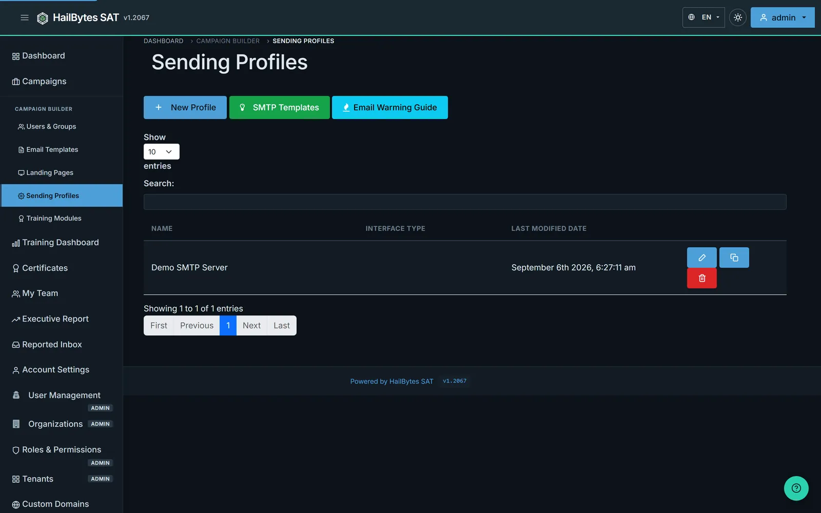 HailBytes SAT Sending Profiles page with New Profile, SMTP Templates and Email Warming Guide actions