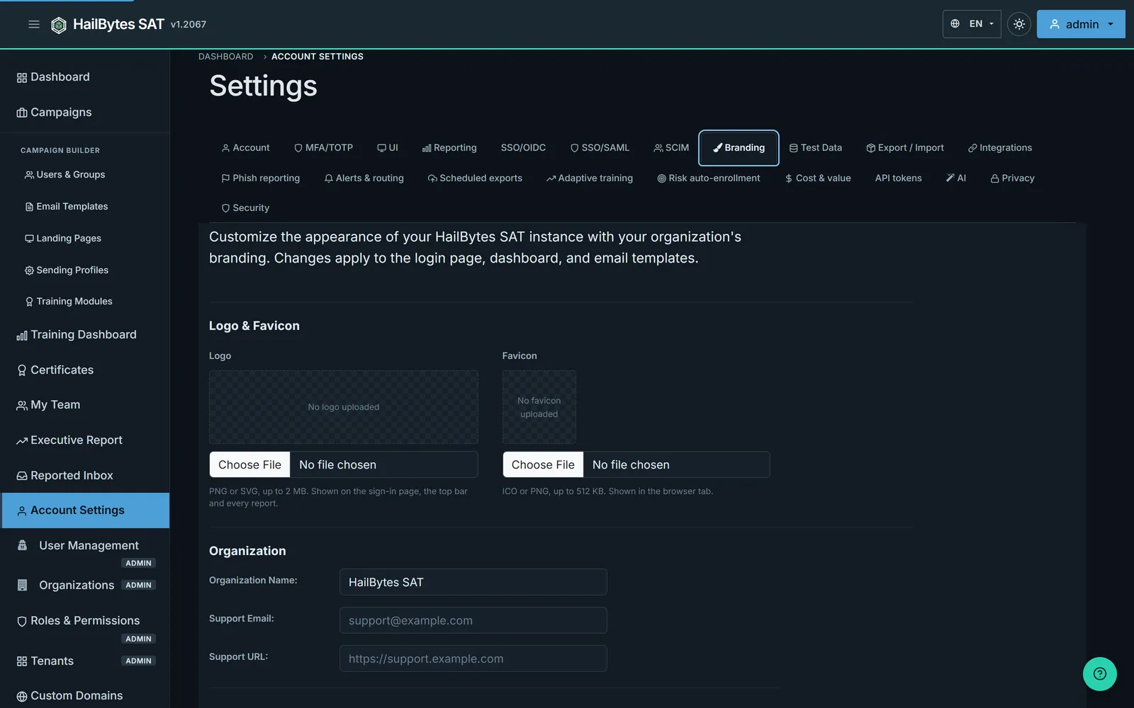 HailBytes SAT settings with tabs for MFA/TOTP, SSO/OIDC, SSO/SAML, SCIM, Branding, scheduled exports, adaptive training and privacy, showing the white-label branding panel