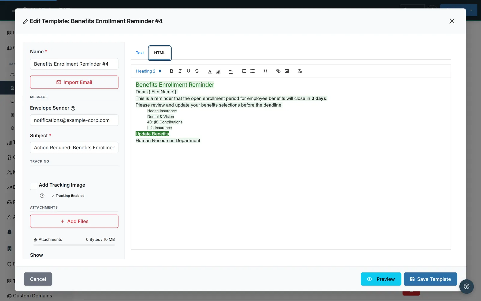 HailBytes SAT template editor with name, envelope sender and subject fields, a rich text HTML editor showing a first-name personalisation variable, and a tracking image toggle