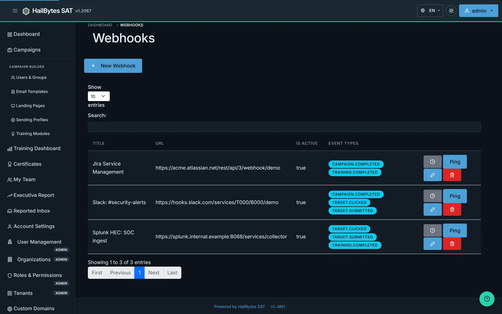 HailBytes SAT webhooks page listing Slack, Splunk HEC and Jira Service Management integrations with their subscribed event types