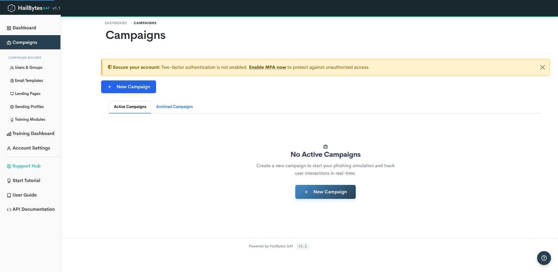HailBytes SAT campaigns dashboard showing active phishing simulation campaigns