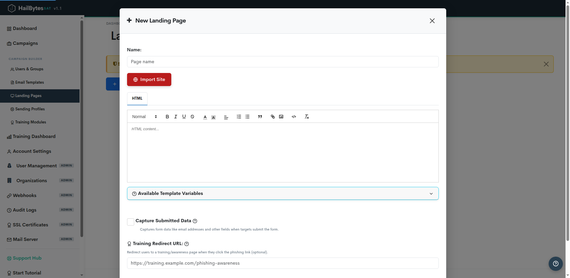 HailBytes SAT New Landing Page editor with HTML editor, Capture Submitted Data toggle, and Training Redirect URL field