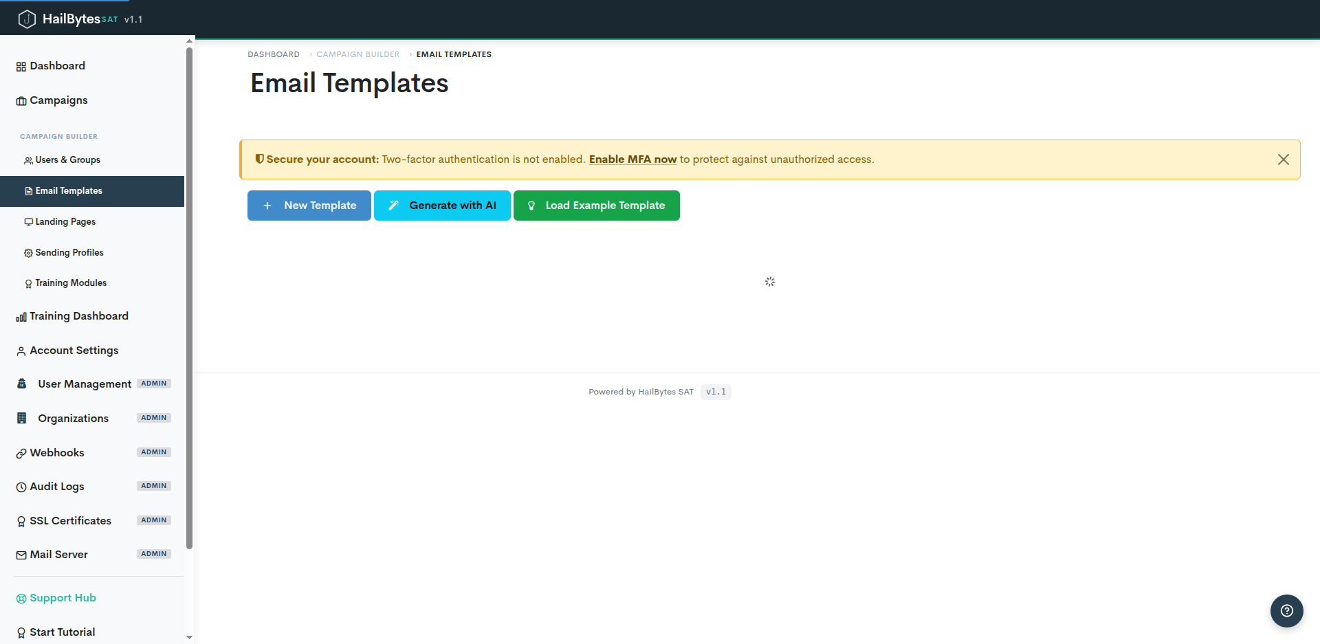 HailBytes SAT Email Templates library with reusable phishing simulation templates