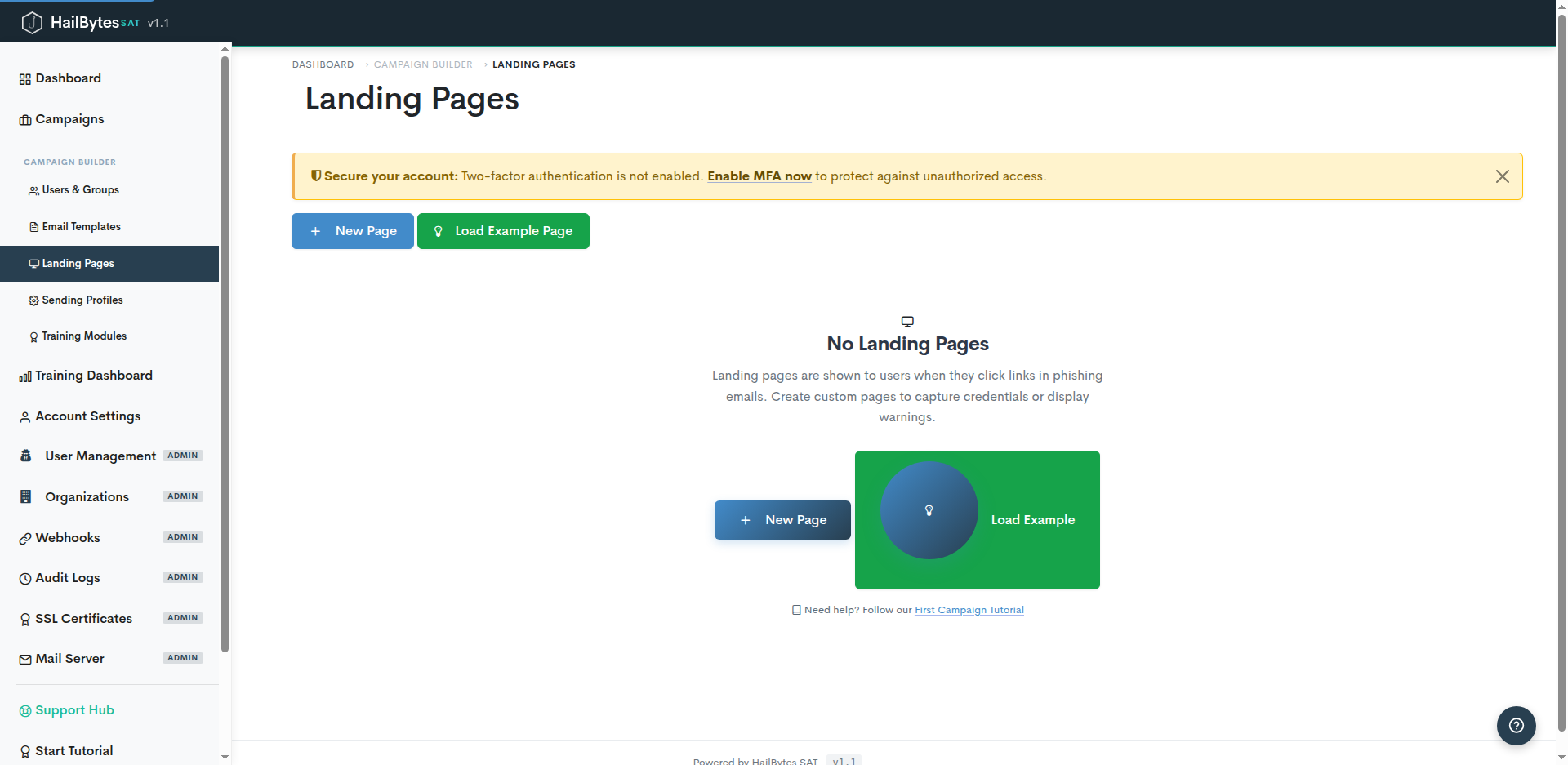 HailBytes SAT Landing Pages list of credential-capture portals ready for reuse across simulations