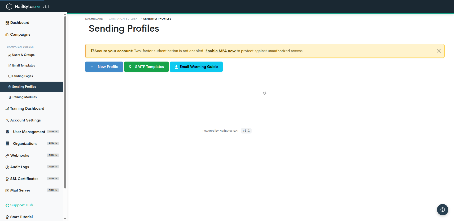 HailBytes SAT Sending Profiles page with configured SMTP relays for AWS SES, SendGrid and custom mail servers